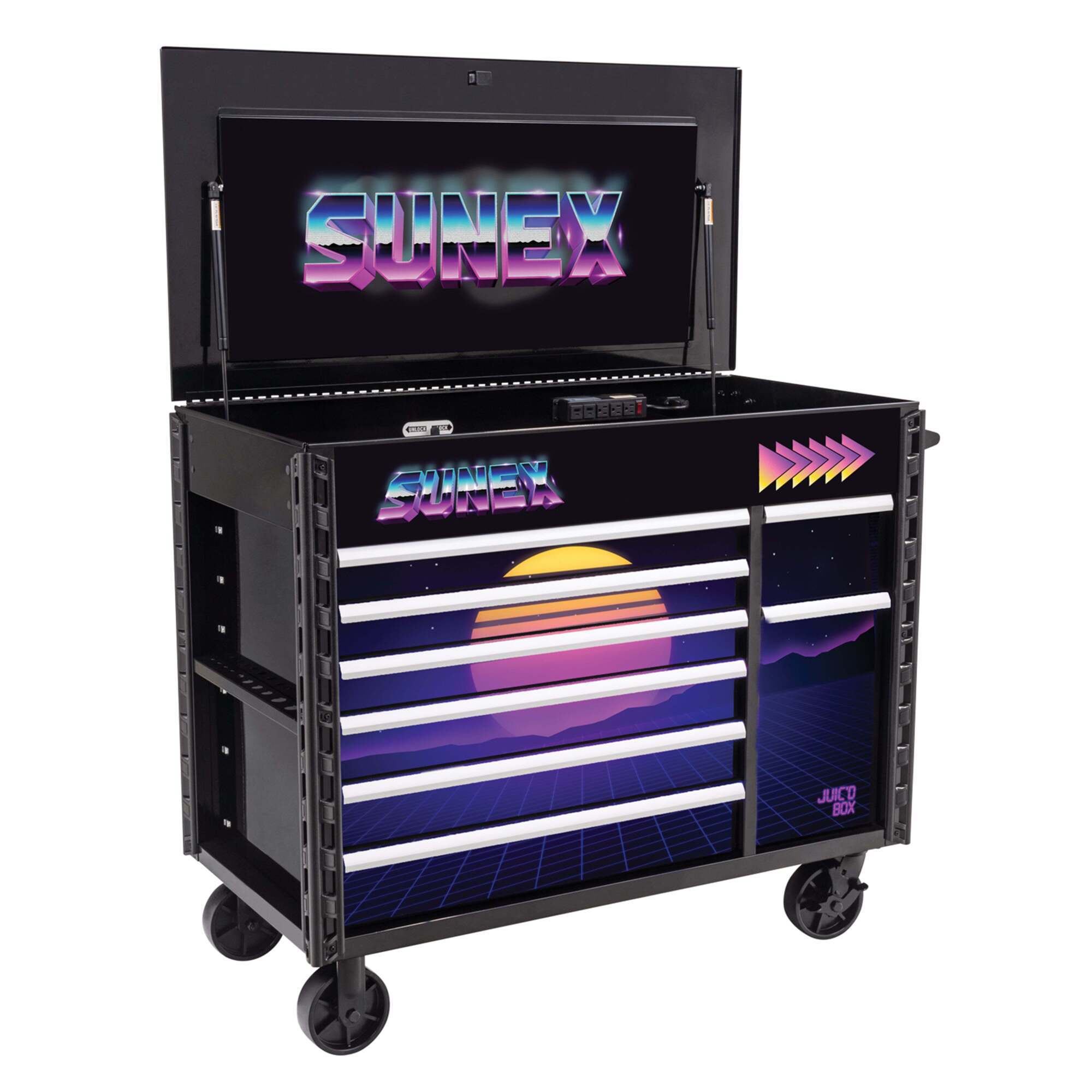 Sunex Tools Juic’d Box Powered Cart — 50in., 7 Drawers, Integrated Power Strips, Black, Model# 8065PCBKSYNTH